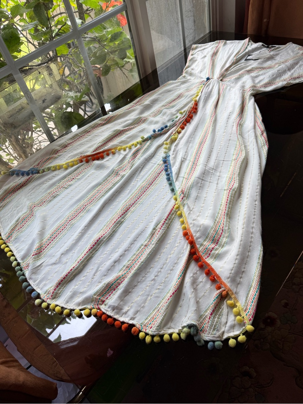 NWT America & Beyond Pom Pom Embroidered Caftan Cover Up Dress Resort L
